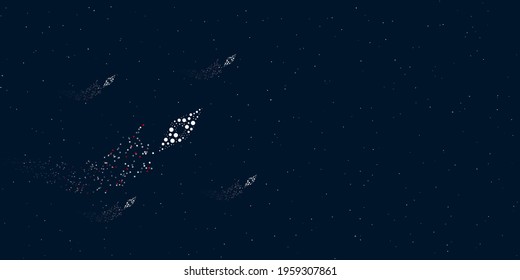 A compass symbol filled with dots flies through the stars leaving a trail behind. Four small symbols around. Empty space for text on the right. Vector illustration on dark blue background with stars