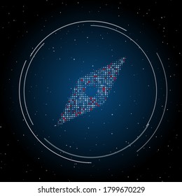 Símbolo de brújula con puntos blancos. Algunos puntos son rojos. Ilustración vectorial sobre fondo azul con estrellas