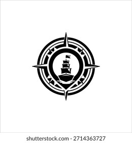 Vector de símbolo de brújula. Nave o rueda de barco con dirección del viento en el mar con Vector de logotipo de silueta de ilustración de brújula