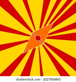 Símbolo de brújula en un fondo de líneas radiales de explosión de flash rojo. El gran símbolo naranja se encuentra en el centro del sol, simbolizando la salida del sol. Ilustración del vector sobre fondo amarillo