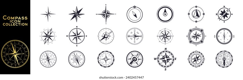 Compass symbol set. Wind rose icon. Compass with cardinal directions of North, East, South, West