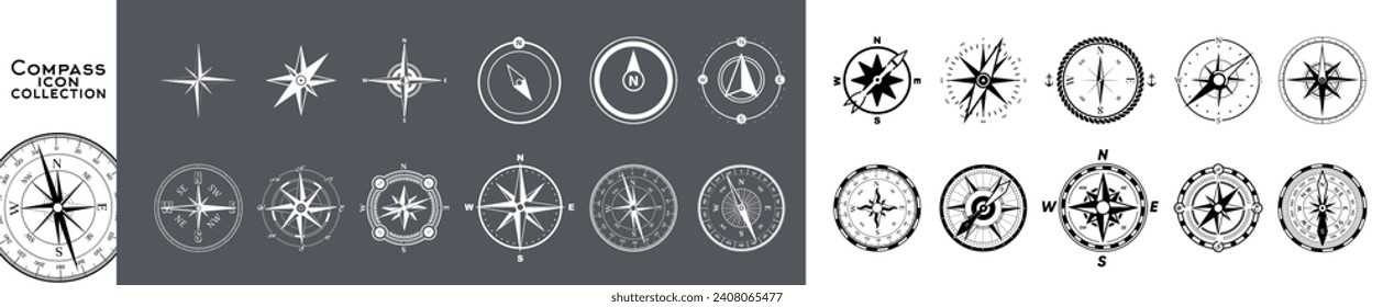 Layoutsymbol-Set. Wind Rose Symbol. Kompass mit Kardinalrichtungen Nord, Ost, Süd, West