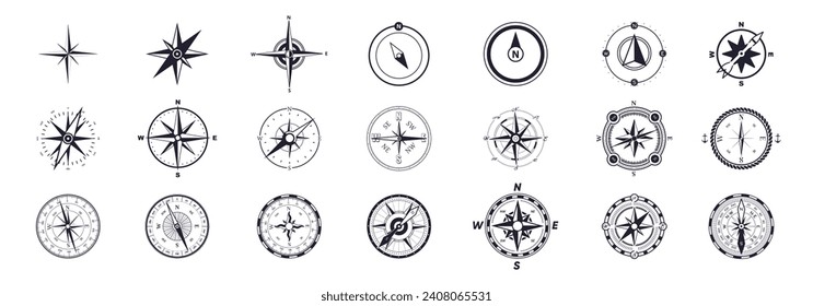 Compass symbol set. Wind rose icon. Compass with cardinal directions of North, East, South, West