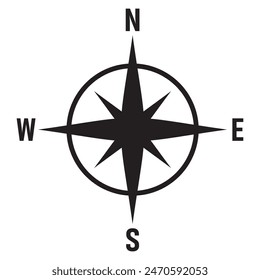 Compass symbol, silhouette. Compass icon, vector.  Navigation icon, symbol concept. North, South, West, East indicated with compass arrow. Vector illustration.