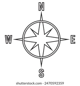 Compass symbol, silhouette with stroke line. Compass icon, vector.  Navigation icon, symbol concept. North, South, West, East indicated with compass arrow. Vector illustration.
