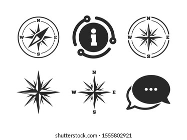 Kompass-Symbole. Chat, Info-Schild. Navigationssymbole für Windrose. Koordinieren Sie das Systemzeichen. Das Symbol für Sprachblasen im klassischen Stil. Vektorgrafik