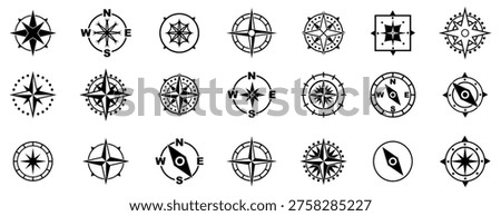 Compass symbols collection. Navigation stars with directional marks and circular shapes. Travel and orientation icons for map and exploration design