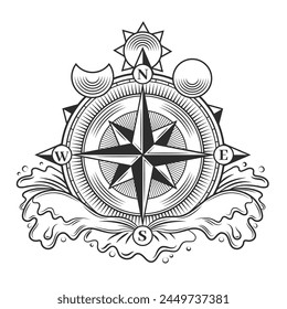 Compass tattoo. Minimalist black astrological amulet with arrow and sun moon stars, modern orienteering direction sign. Vector isolated set. Equipment showing north, east, west and south