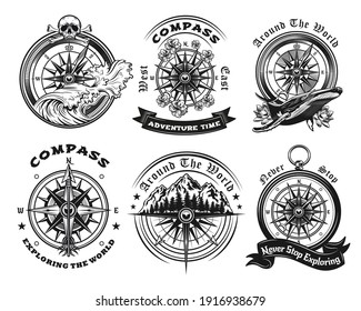 Compass tattoo templates set. Monochrome design marine elements with sea waves, whale, mountain landscape and text. Adventure, travel, navigation concept for emblems and symbols design