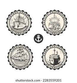 Conjunto de plantillas de tatuajes de brújula. Diseño monocromo de elementos marinos con olas marinas, ballena, paisaje montañoso y texto. Aventura, viajes, concepto de navegación.
