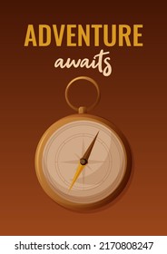 Compass and text adventure awaits. Vector illustration on background in cartoon nautical style. A device for determining the cardinal directions. Orientation device. For travel, trip, cruise, pirates