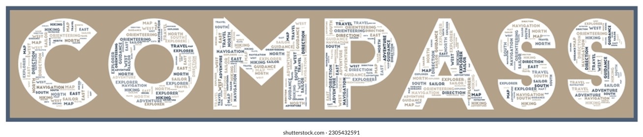 COMPASS text filled with related keywords of various sizes. Compass word cloud. Modern vector illustration.