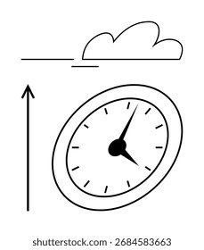 Compass tilted upward near a cloud. Ideal for themes of navigation, exploration, growth, time, freedom, strategy, adventure. Line metaphor