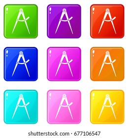 Compass tool icons of 9 color set isolated vector illustration