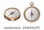 Compass tool, isolated realistic navigation and orientation equipment device. Vector instrument for tourist adventures and vacations, device showing direction of magnetic north. Voyage and traveling