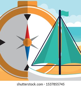 compass travel guide with sailboat vector illustration design