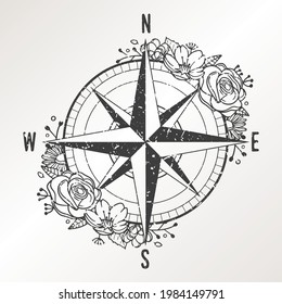 Compass Travel Star Rose Flower with Vintage object Design. Floral frame Ornament vector style. Decoration Design illustration.