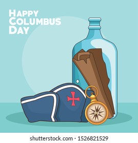 compass and treasure map in a bottle over blue background. Happy Columbus day colorful design, vector illustration