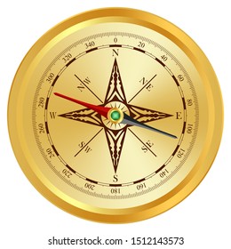 Compass vector in gold on an isolated white background.