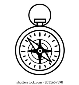 Compass vector icon. Hand drawn doodle on a white background. Hiking equipment for orienteering on the terrain. Round compass with holder, scale and arrow pointers. Monochrome illustration.