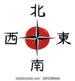 Compass vector icon with japanese calligraphy hieroglyphs translate north, south, west, east. Simple flat symbol on white background with red hand drawn sun.