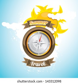 Compass vector Icon. navigation and traveling sign. travel icon with blue sky and tropical summer sun.