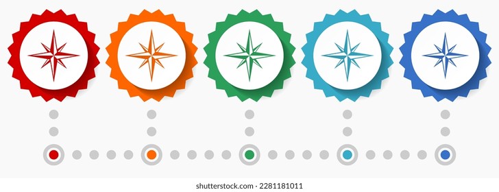Compass vector icon set, colorful infographic template, set of flat design badge icons in 5 color options