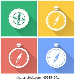 Compass vector icons with long shadow. White illustration isolated on color background for graphic and web design.