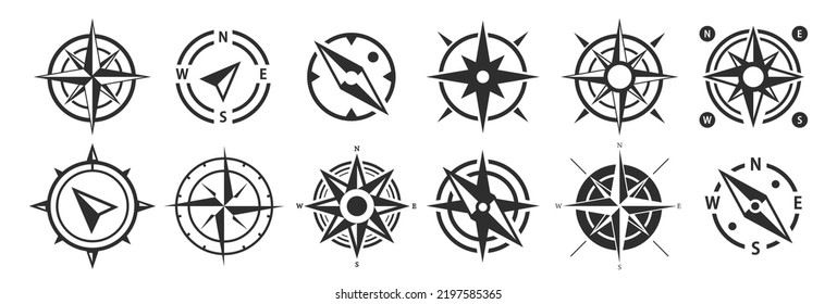 Iconos vectoriales de brújula en dirección norte, sur, este y oeste. Juego de iconos de rosa de viento. Símbolo de mapa. Icono de flecha. Ilustración vectorial.