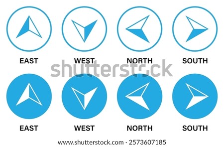 Compass vector icons set in blue circle isolated on a white background. East, west, north, south arrow compass icon. Map direction. Silhouette and outline style. Flat design. Vector illustration.