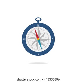 Compass vector illustration isolated on white background, flat blue pocket compass icon with arrow
