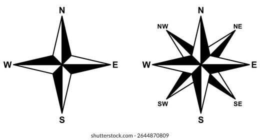Compass Vector Illustrations EPS file, isolated on white background. Navigation, North, South, West, East indicated with compass arrow. Icon, Symbol, Silhouette concept, Design Graphic