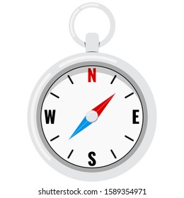 Compass vector image isolated on white background. Flat style illustration of nautical chromium-plated compass with red and blue arrow icon for map, travel, location,  navigation design.