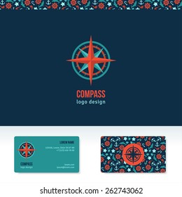 Compass vector logo design template. Travel agency abstract idea or icon. Business card with marine symbols pattern.