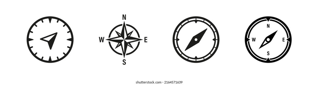 Signo vectorial de brújula. La rosa del viento del sudeste del noroeste. Conjunto de iconos aislados de dirección de mapa. Brújula negra sobre fondo blanco.