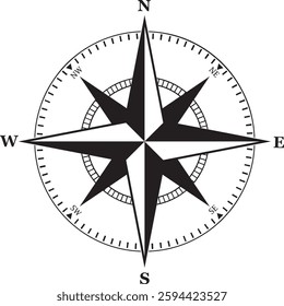 Compass Vector Silhouette | Navigation Icon | Black Compass Rose Illustration