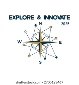 Compass Vector T-Shirt Design with Explore and Innovate 2025. Geometric navy and gold compass representing discovery, innovation, and adventure. Perfect for travel and inspirational apparel.