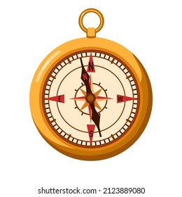 Compass. Vintage compass in bronze case. An instrument for navigating the sea. Pirate compass. Icon, clipart for website about history, travel, pirates. Vector flat illustration, cartoon style.