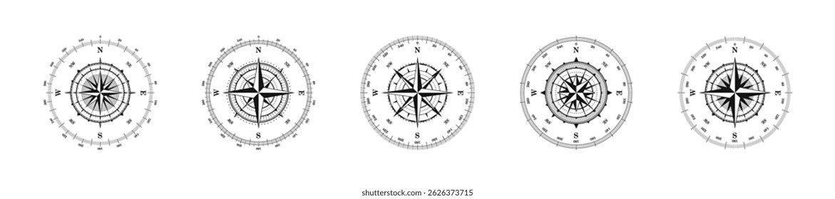 Compass vintage interface vector collection. Old style navigation tools set.