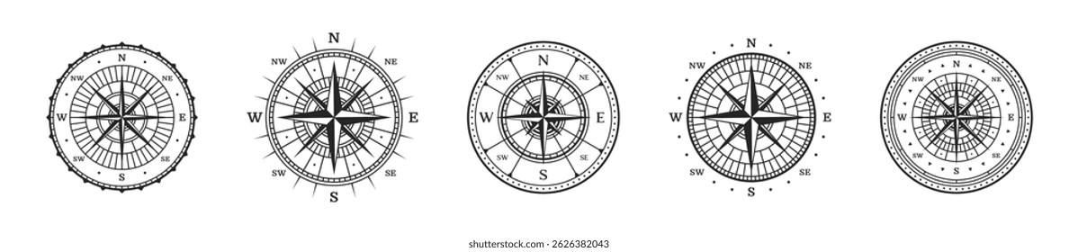 Compass vintage interface vector set. Old navigation tools collection.