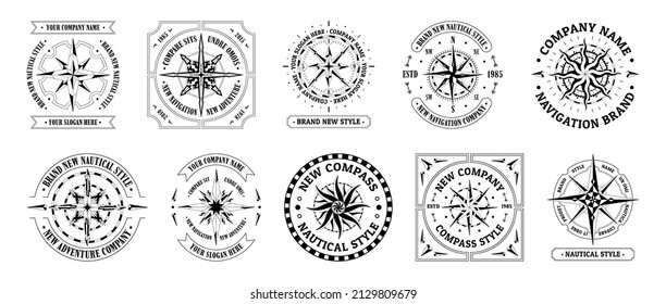 Compass vintage logo. Travel and explore cartography symbol, emblems with wind rose and direction arrows. Vector set