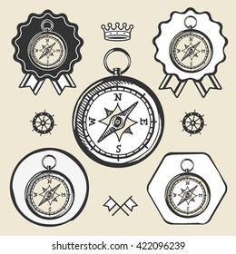 compass vintage navigation location icon flat web sign symbol logo label set
