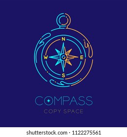 Compass and Water splash circle frame shape logo icon outline stroke set dash line design illustration isolated on dark blue background with compass text and copy space