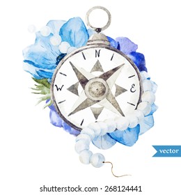 compass, watercolor, flowers, anemones, beads, 