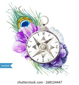 compass, watercolor, flowers, feathers, anemones, beads, peacock feathers