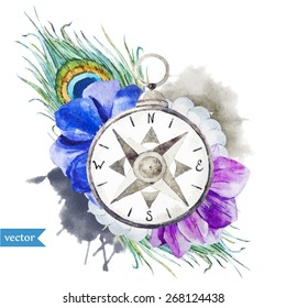 compass, watercolor, flowers, object, feathers, anemones, beads,