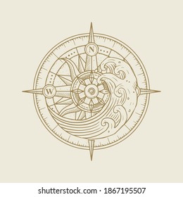 Compass and waves in high tide, spiritual guidance tarot reader Colorful gradient design. illustration.