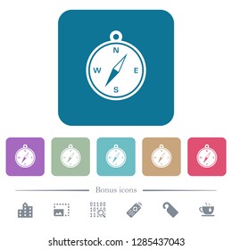Compass white flat icons on color rounded square backgrounds. 6 bonus icons included