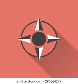 Compass - white icon with a long shadow on a red background. Vector illustration.