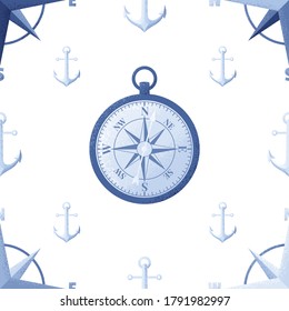 Compass, wind rose and anchors vintage seamless pattern. Retro vector marine endless background